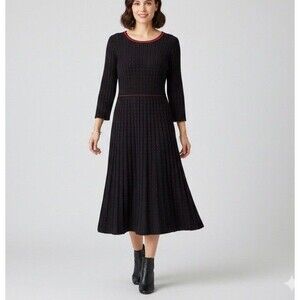 Nena Leonard Black Knit Fit & Flare Dress Sz M Red Trim Pleated Midi Long Sleeve